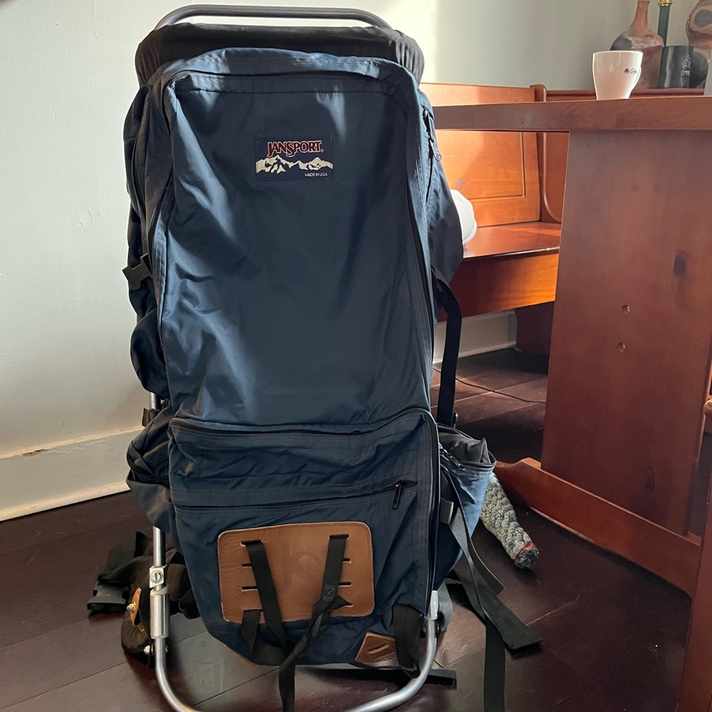 JanSport vintage external frame pack for backpacking in blue